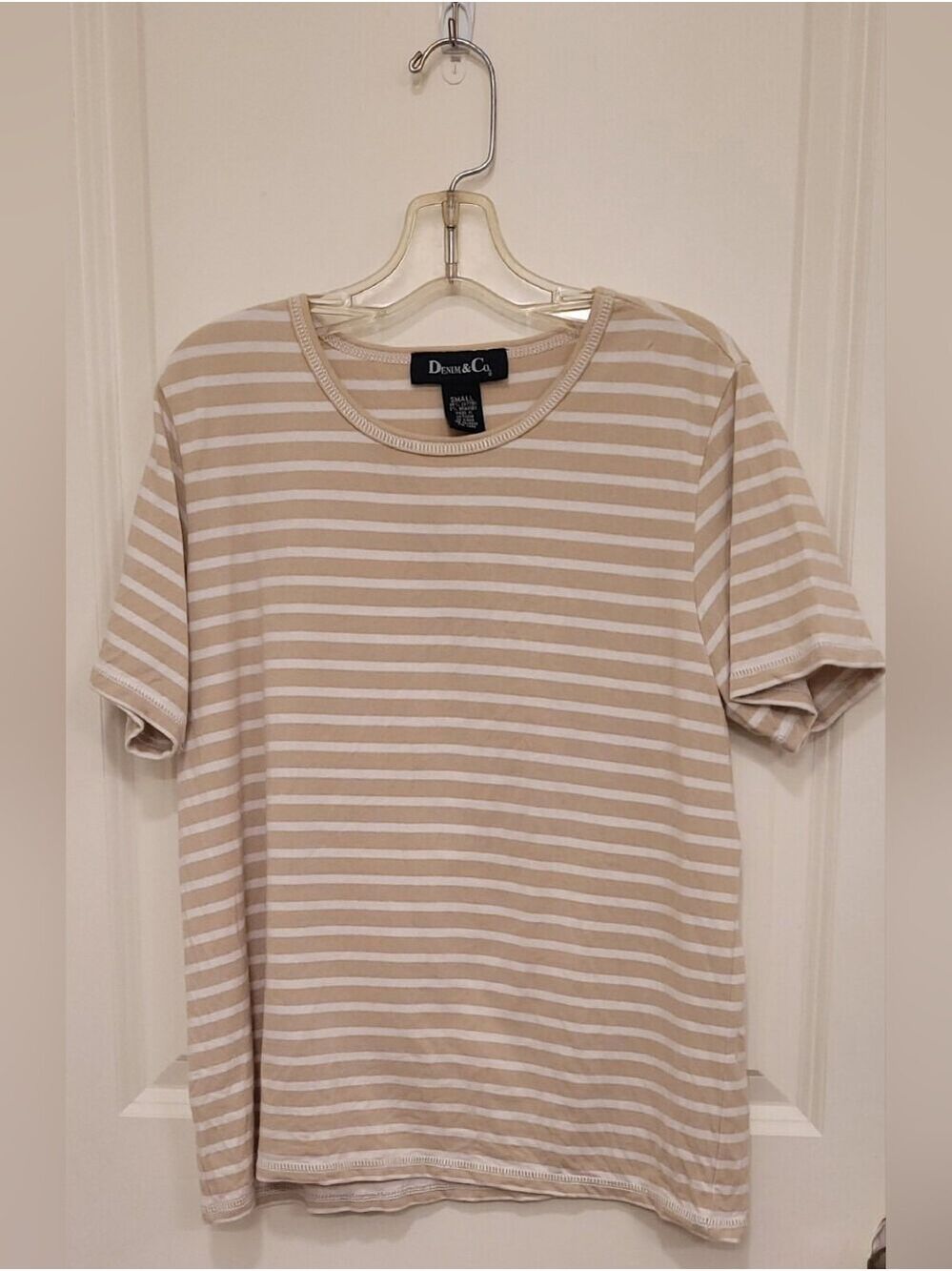 Denim&Co Beige and White Striped Short Sleeve Crew Tee